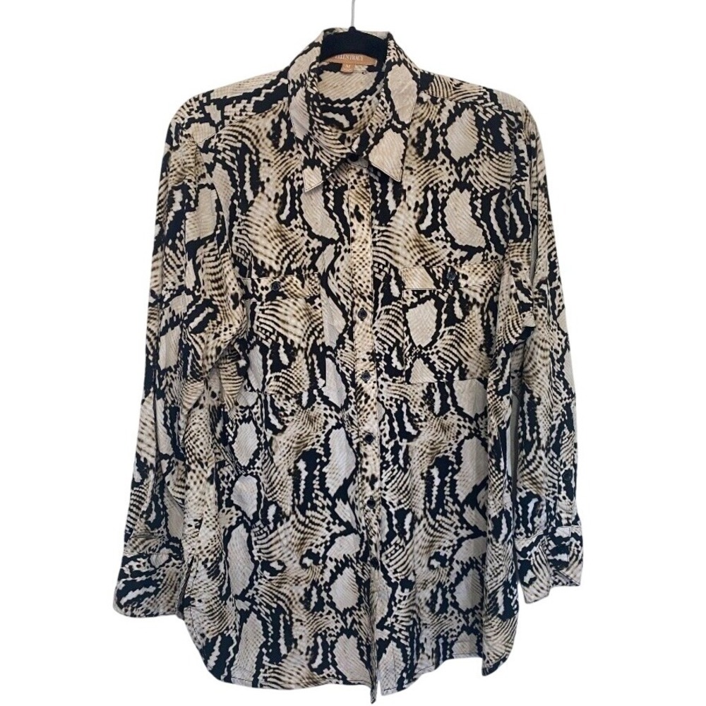 Ellen Tracy Snakeskin Print Button Down Blouse Tan Black Cream Womens M Workwear